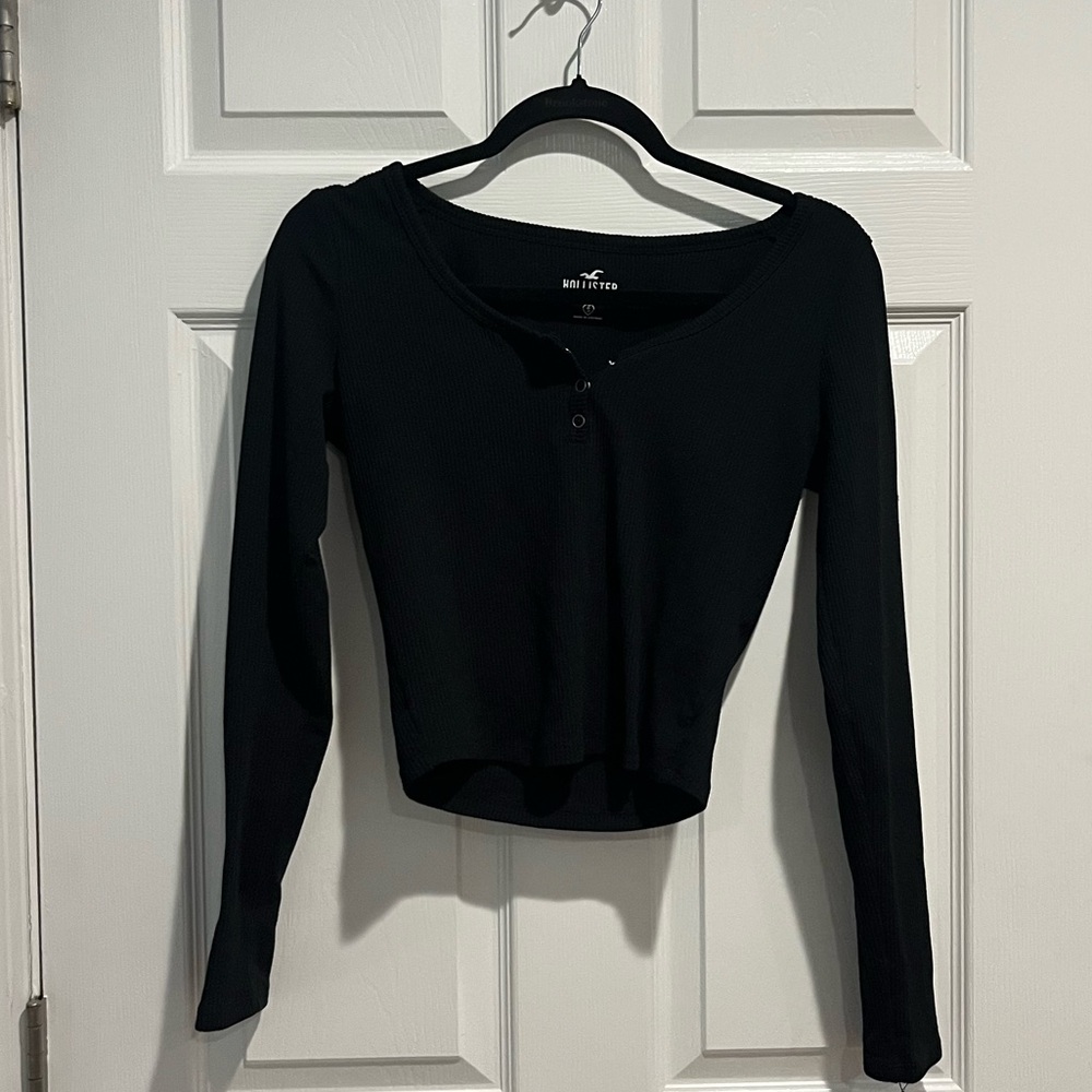 Hollister Black Fitted Crop Button Henley Shirt